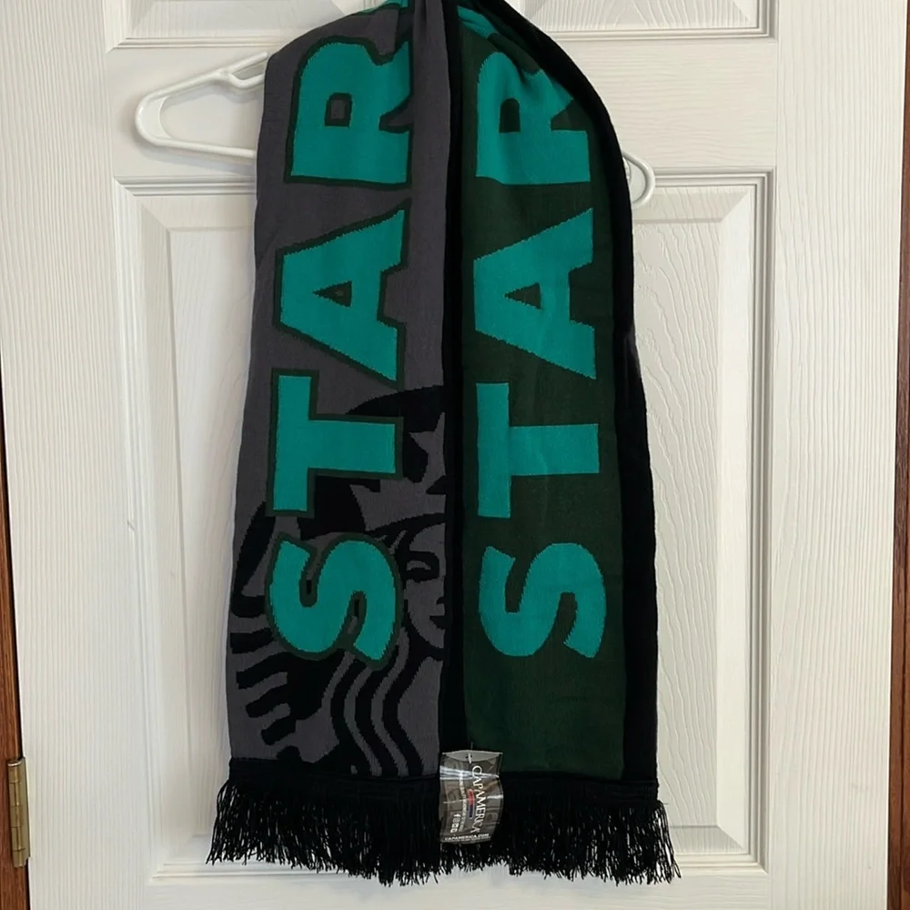 NWT Starbucks Gray, Green & Black Reversible Knit Fringed Scarf Mermaid Unisex